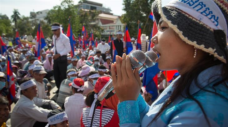 Garment factory workers march in the streets of Phnom Penh.