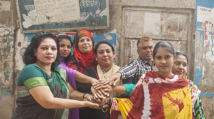 Shamima Nasreen (43, on left) and some of her co-workers. Shamima Nasreen is founder of SBGSKF an organisation that lobbies for better and fairer working conditions in garment factories.