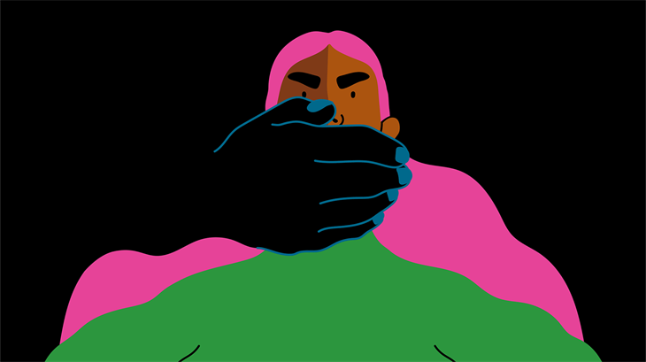 Een illustratie van een vrouw die de mond wordt gesnoerd