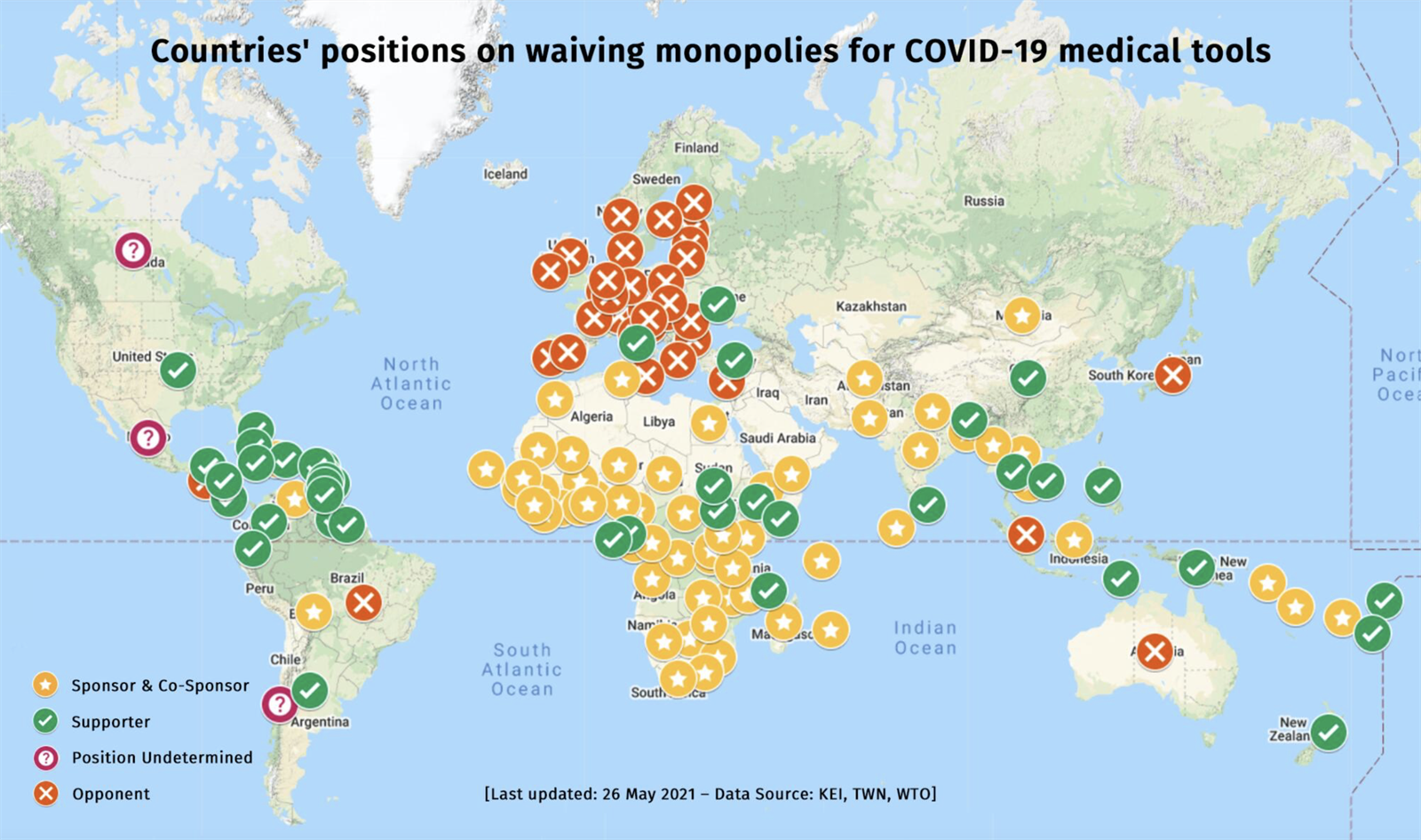 Landen die vaccin patenten niet willen opschorten - kaart